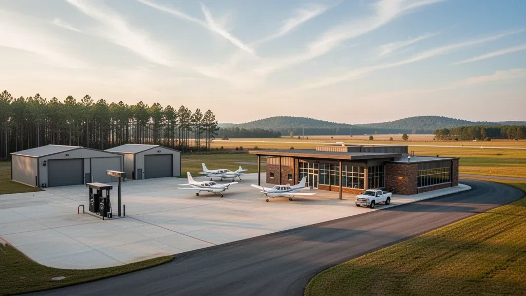 Piccolo terminal aeroportuale di aviazione generale, piazzale e hangar durante l'ora dorata vicino a Camden, Arkansas