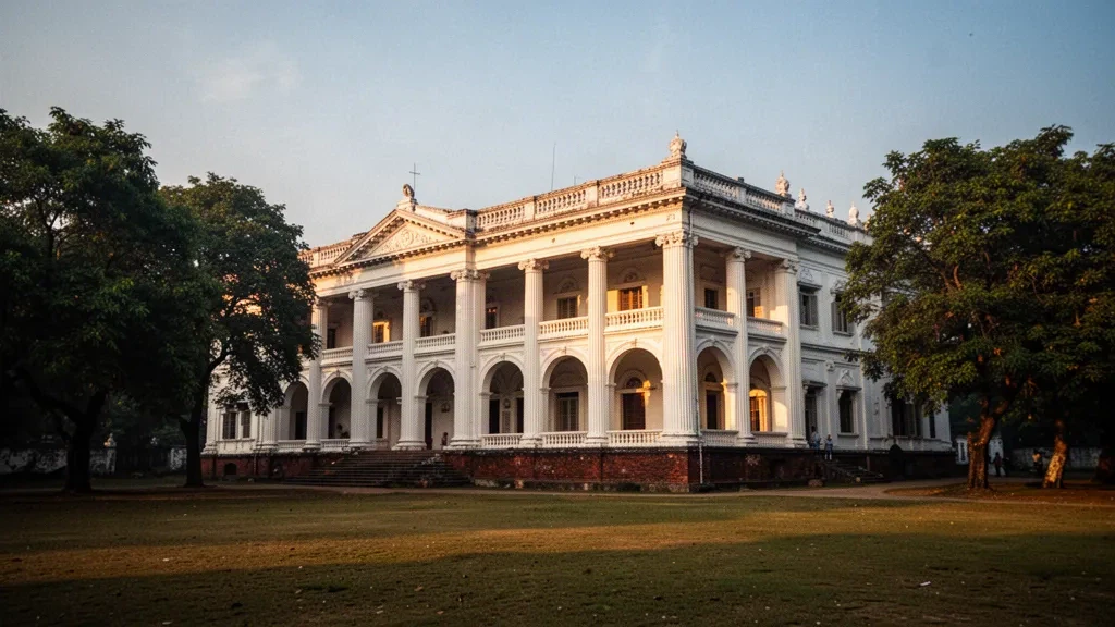 La façade blanche à colonnades du palais de Tajhat à l'heure dorée, encadrée d'arbres et de pelouses à Rangpur, au Bangladesh