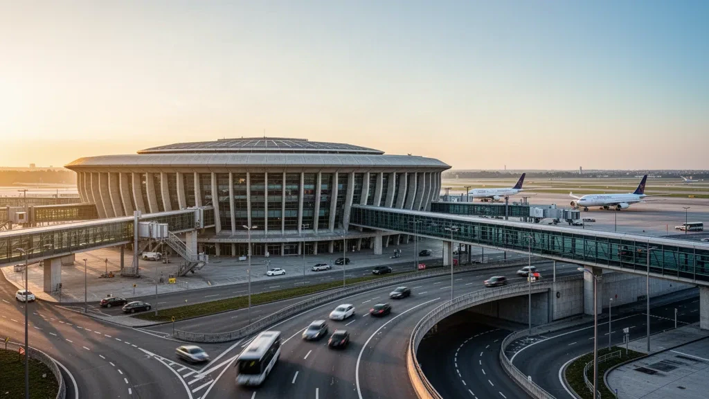 Altın saatlerde Paris Charles de Gaulle Havalimanı'nda kıvrımlı beton ve cam terminal mimarisi, apronda uçaklar