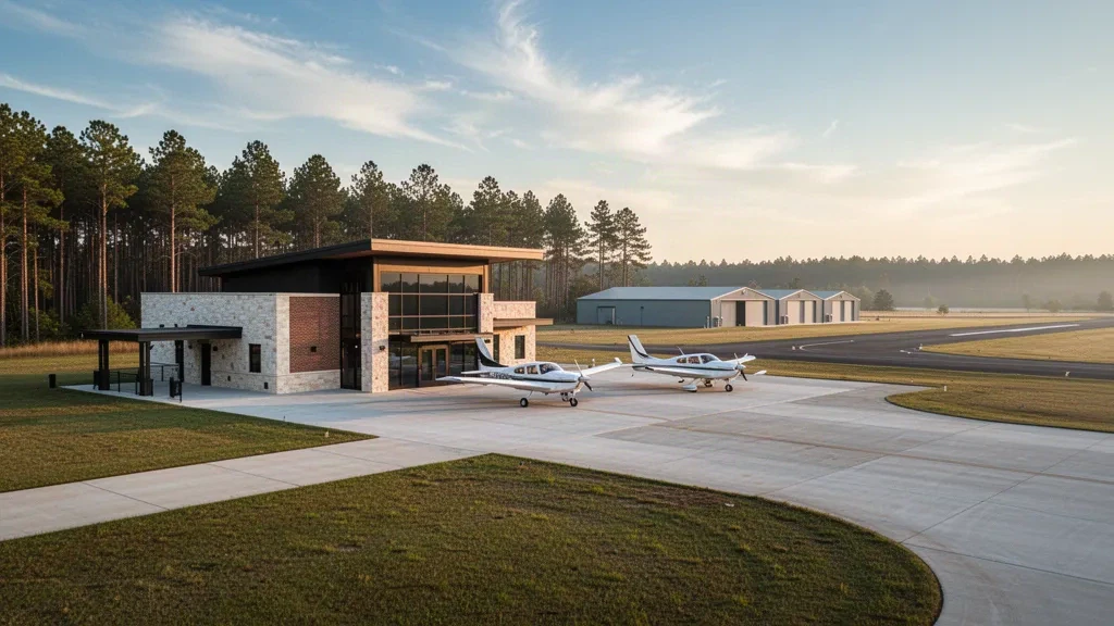 Hangares de aviación general, aeronaves ligeras aparcadas y una pista pavimentada en Woodward Field en Camden, Carolina del Sur, con luz cálida de la hora dorada