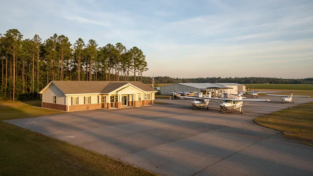 Terminal dell'aeroporto Woodward Field a Camden, South Carolina, con aerei leggeri parcheggiati sul piazzale sotto la luce calda del tardo pomeriggio