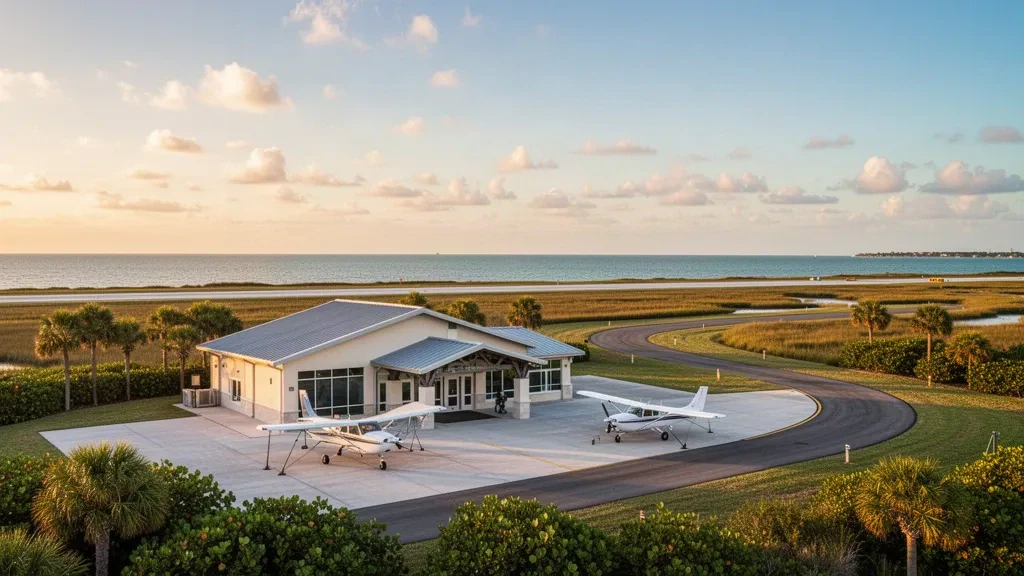 Cedar Key, Florida'daki George T. Lewis Havalimanı'nda sıcak altın saat ışığında apron üzerindeki küçük tek motorlu uçaklar