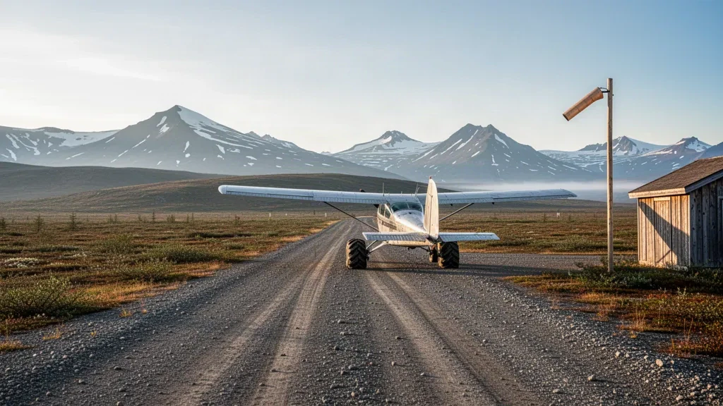 Abgelegene Schotterpiste am Flughafen Candle 2 in Alaska, mit Tundra-Hügeln, einem geparkten Buschflugzeug und sanftem Licht zur goldenen Stunde.