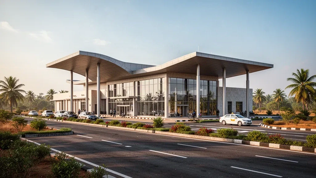Esterno del moderno terminal dell'aeroporto di Kadapa in Andhra Pradesh con facciata in vetro, corsia di sosta e luce calda del pomeriggio