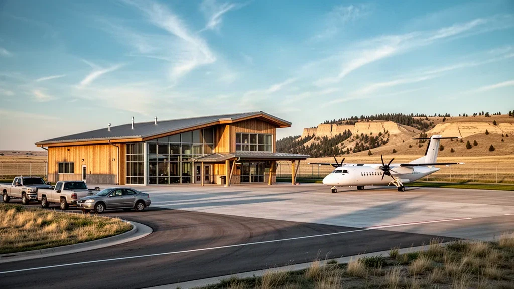 Kleines modernes Glasterminal und Turboprop-Flugzeug auf dem Vorfeld des Chadron Municipal Airport in der Prärie des Nebraska Panhandle.