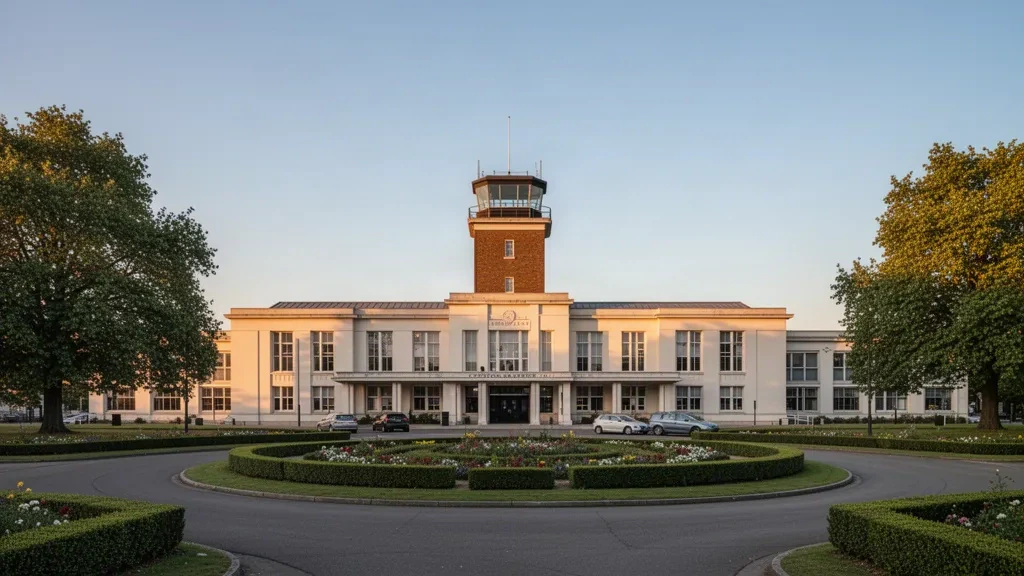 Historische Fassade des Croydon Airport Terminals und Kontrollturm in South London zur goldenen Stunde, eingerahmt vom Kreisverkehr des Vorplatzes und Bäumen