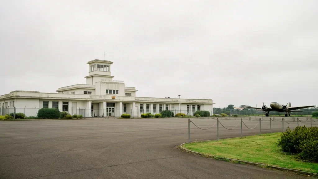 Historisches Art-déco-Terminalgebäude des Flughafens Croydon und Kontrollturm in South London unter bedecktem Himmel