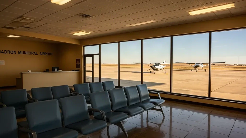 Intérieur d'un terminal de petite ville à l'aéroport municipal de Chadron, dans le Nebraska, avec sièges d'attente et vues sur le tarmac