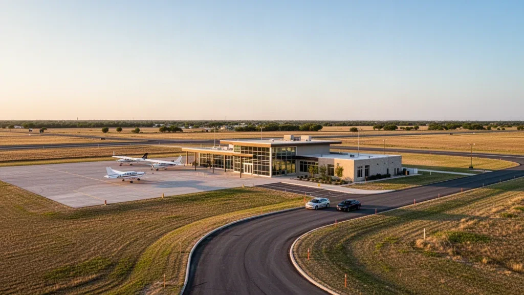 Childress Municipal Airport in Texas mit modernem Terminal, Startbahn und kleinen Flugzeugen zur goldenen Stunde.