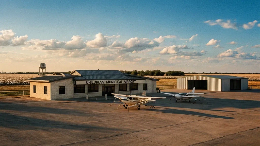 Einmotoriges Flugzeug auf dem Vorfeld vor dem niedrigen Terminalgebäude des Childress Municipal Airport in Texas