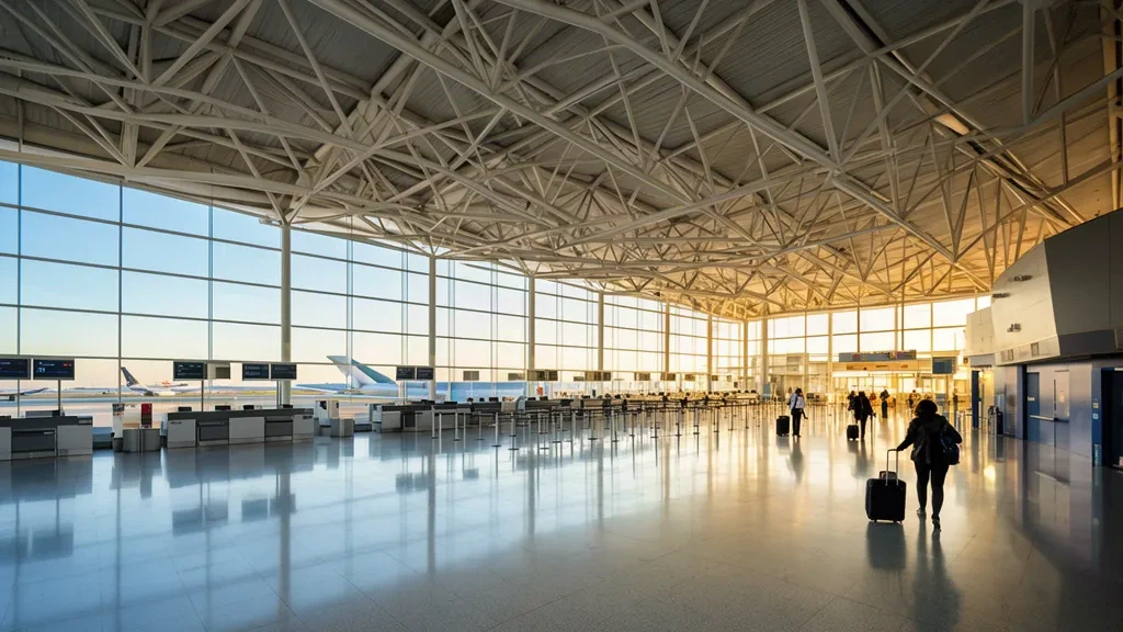 Interior luminoso y moderno de la terminal del aeropuerto de Castellón-Costa Azahar con paredes de cristal, sala de facturación vacía y luz natural mediterránea