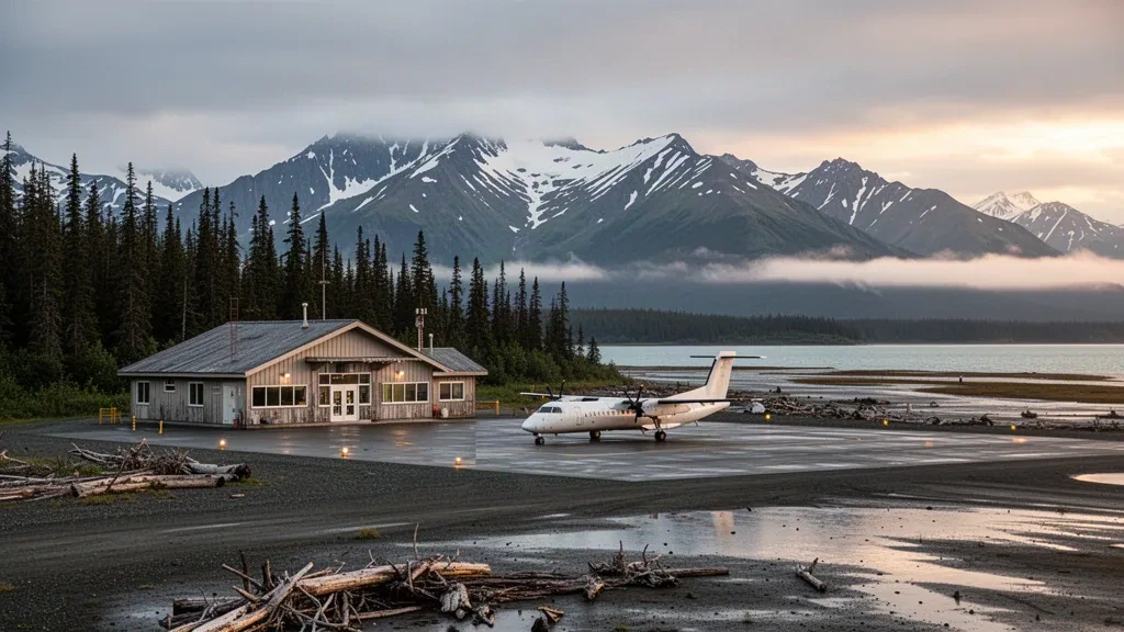 Kleines Küstenterminal und Vorfeld mit Bergkulisse am Merle K. (Mudhole) Smith Airport in Cordova, Alaska, in sanftem Licht