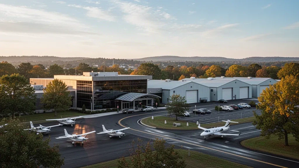 Terminal per aviazione generale, hangar e piazzale degli aeromobili a Essex County Airport a Caldwell, New Jersey, illuminati dalla luce dorata del tramonto