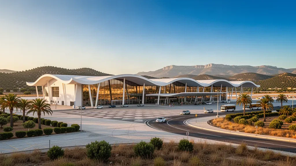 Bâtiment terminal moderne blanc et voies de dépose à l'aéroport de Castellón-Costa Azahar en Espagne sous une chaude lumière méditerranéenne de fin d'après-midi.