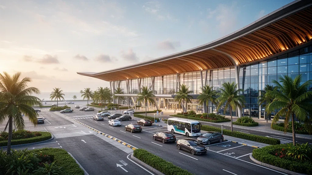 Moderner geschwungener Terminalbau aus Holz und Glas am Mactan Cebu International Airport auf den Philippinen zur goldenen Stunde