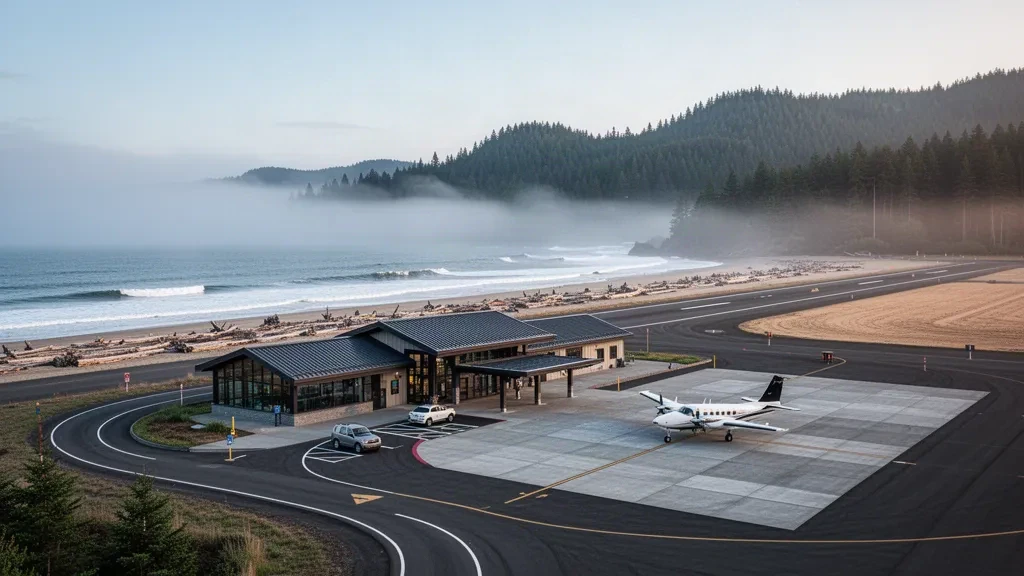 Terminal costera, plataforma y pista del aeropuerto Jack McNamara Field en Crescent City, California, rodeados de colinas de secuoyas y niebla del Pacífico.