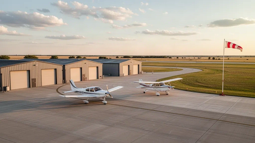 Wichita, Kansas'taki Cessna Aircraft Field'da apronda park etmiş hafif tek motorlu uçak, altın saatte hangarlar ve bozkır ufku
