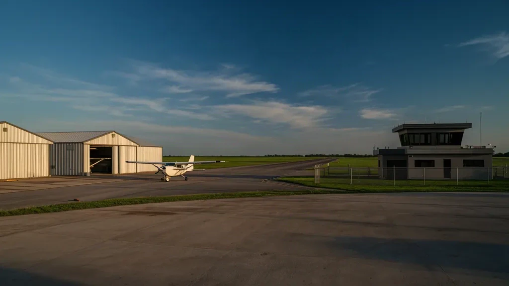 Wichita, Kansas'taki Cessna Aircraft Field'ın dış görünümü; hangarlar, asfalt bir apron ve açık mavi gökyüzü altında küçük bir uçak.