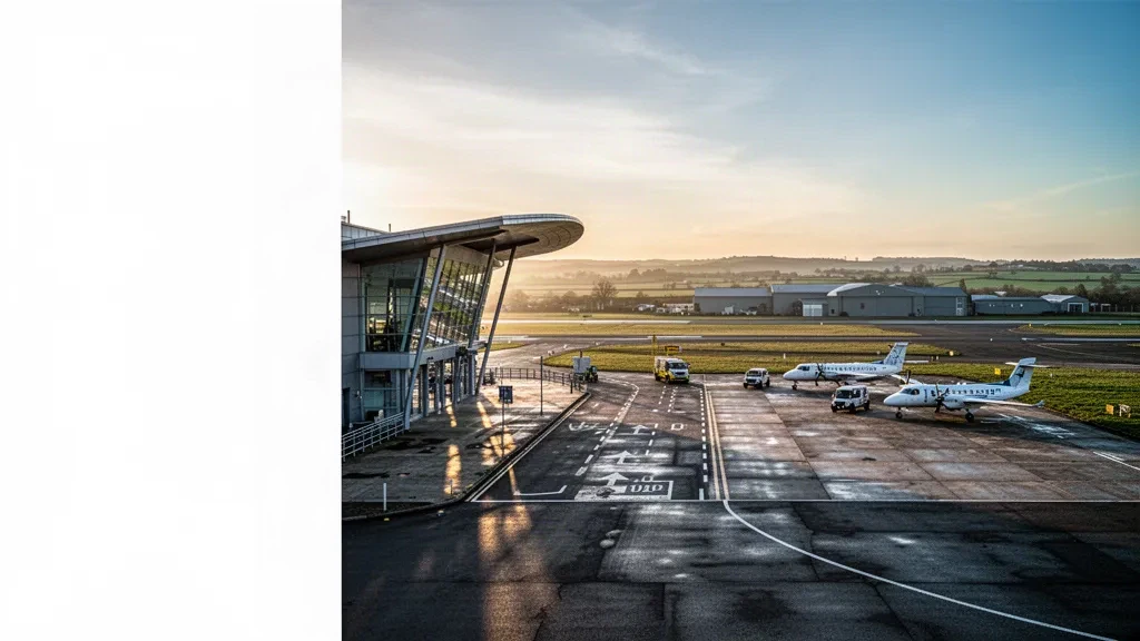 Amplia vista a la hora dorada del aeropuerto de Hawarden, cerca de Chester, con su moderna terminal, hangares y pista en el campo del norte de Gales.