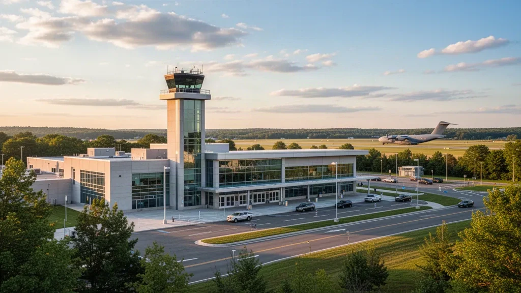 Terminal moderne et piste de l'aéroport Westover Metropolitan à Chicopee, Massachusetts, à l'heure dorée.