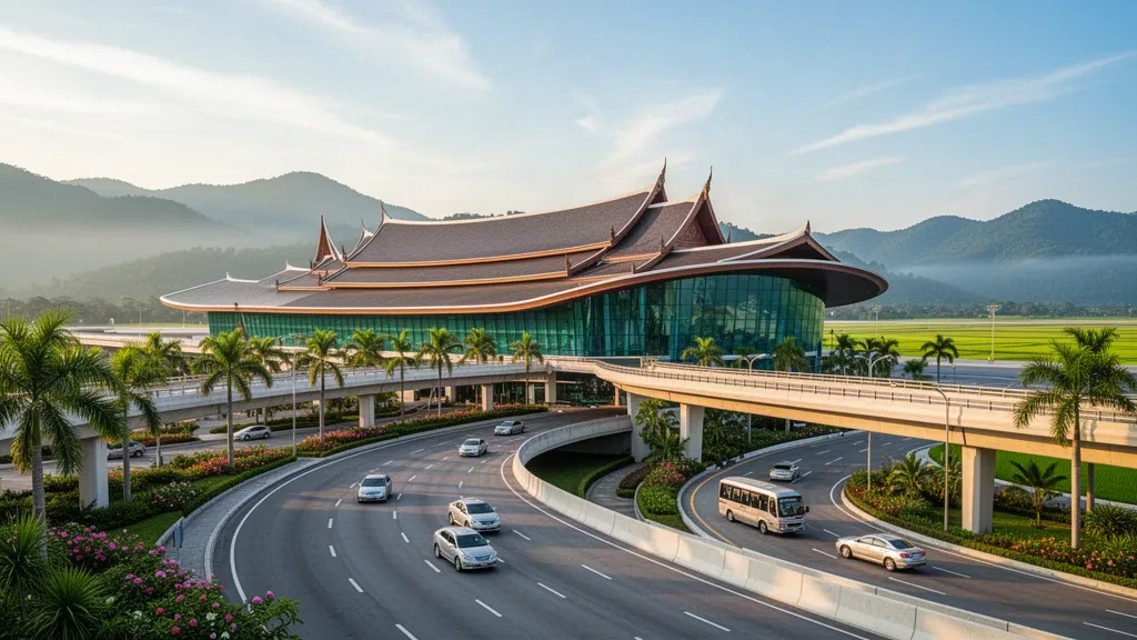 Modern glass terminal exterior at Mae Fah Luang–Chiang Rai International Airport framed by northern Thai mountains at golden hour