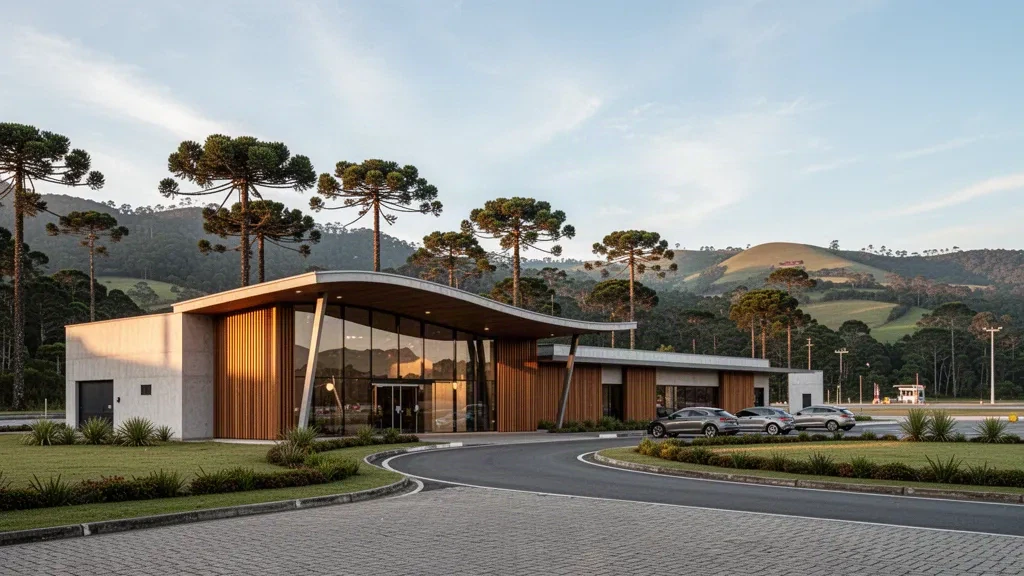Moderner Terminaleingang und Bringspur am Flughafen Canela im Hochland der Serra Gaúcha in Brasilien, eingerahmt von Araukarienkiefern zur goldenen Stunde