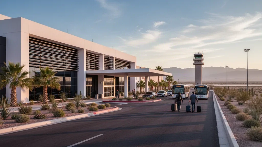 Modern terminal and curbside drop-off lane at Ciudad Obregón International Airport in Sonora, Mexico during golden hour