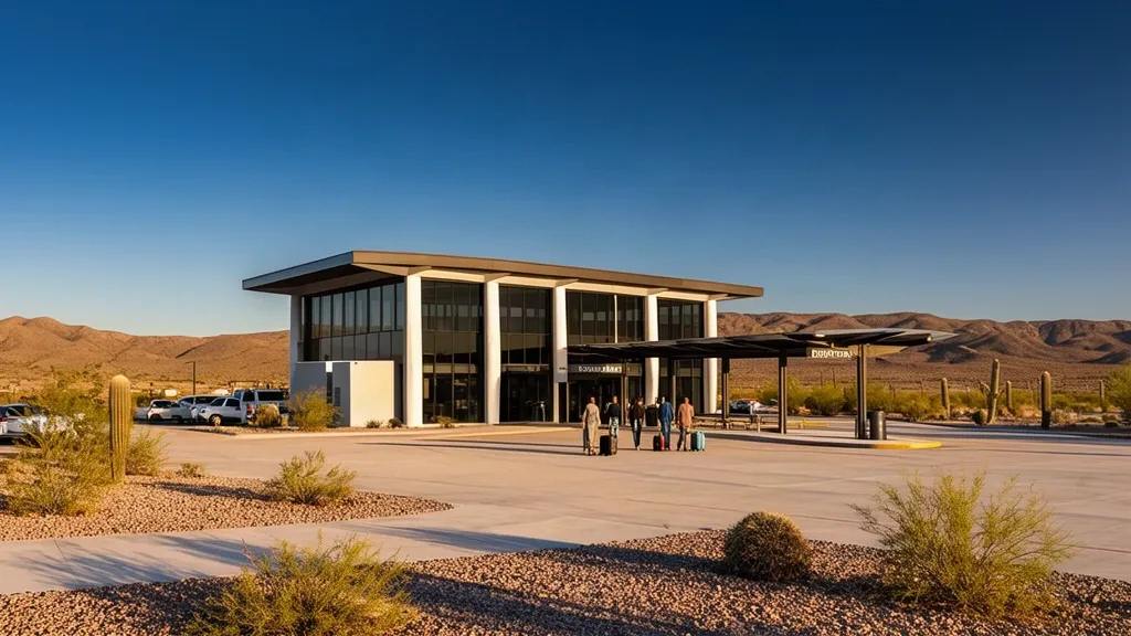 Extérieur moderne du terminal de l'aéroport international de Ciudad Obregón, dans le Sonora, au Mexique, avec des voyageurs marchant vers l'entrée vitrée