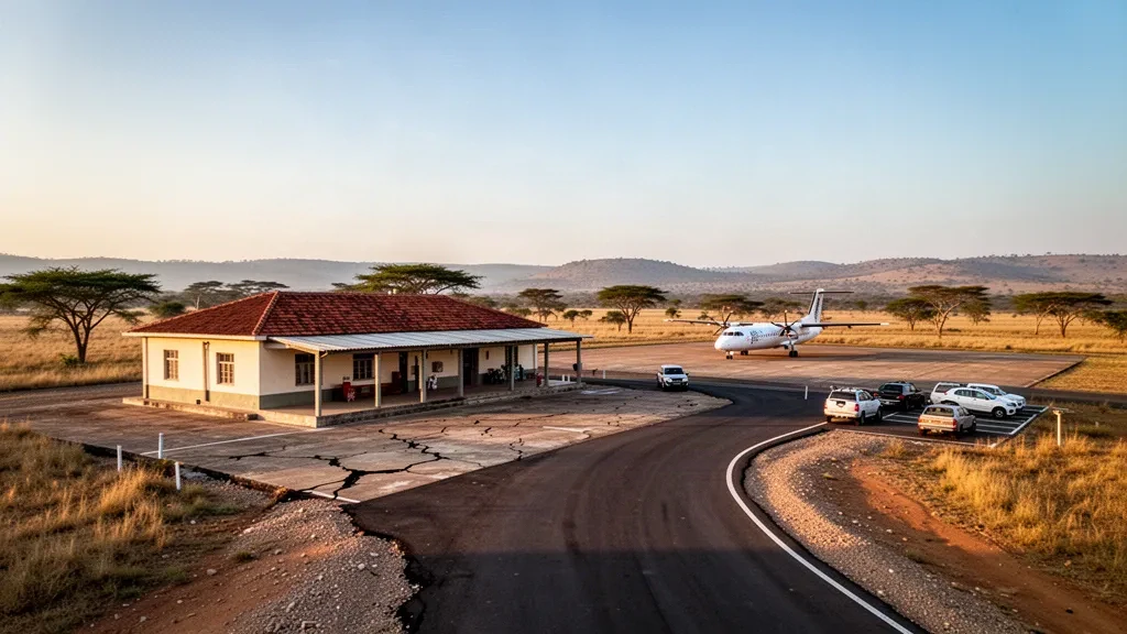 Veduta all'ora d'oro di un piccolo terminal aeroportuale regionale, piazzale e strada d'accesso sugli altopiani angolani vicino a Waco Kungo, Angola.