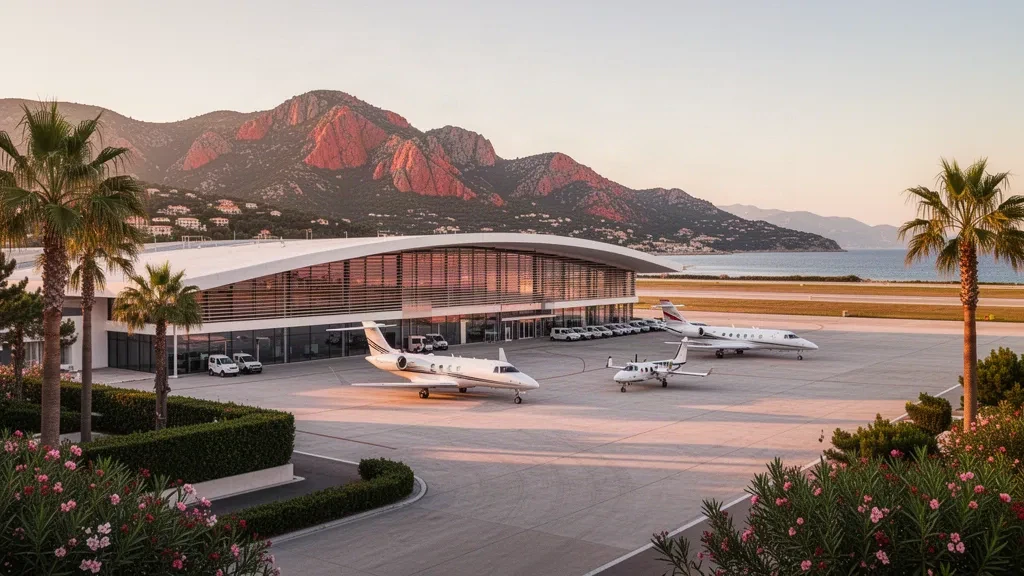 Modernes Terminal und Vorfeld am Flughafen Cannes Mandelieu an der französischen Riviera, eingerahmt von Palmen und den Esterel-Hügeln zur goldenen Stunde