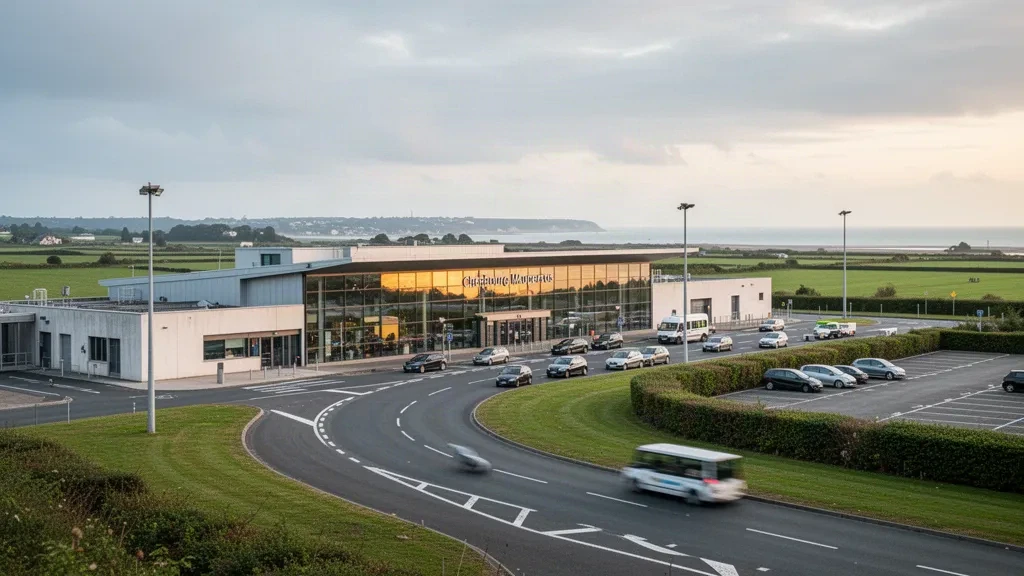 Normandiya, Fransa'daki Cherbourg-Maupertus Havalimanı'nda modern cam terminal binasının dış görünümü, erişim yolu ve yumuşak kıyı gün ışığı