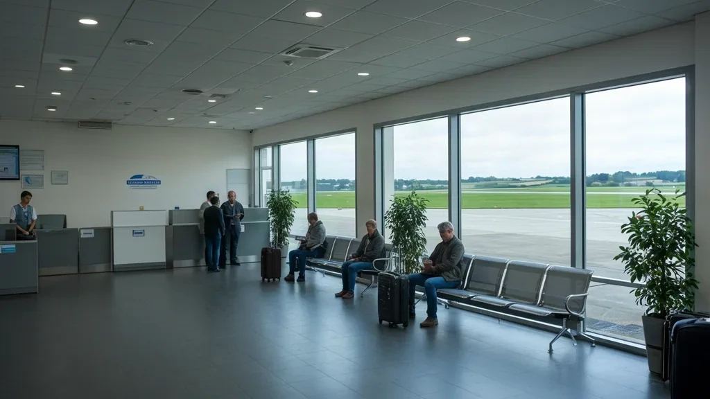 Normandiya'daki Cherbourg-Manche Havalimanı terminalinin içi, kompakt kalkış salonu, check-in kontuarları ve bekleme alanı görülüyor