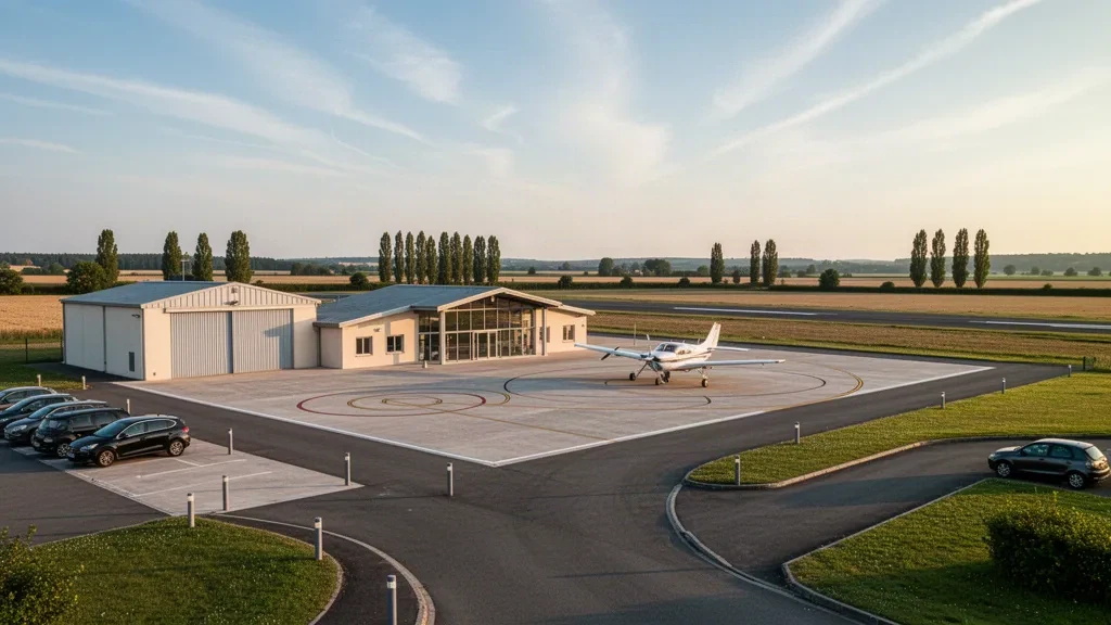 Pequeña terminal de aeródromo regional, plataforma y pista en Cholet Le Pontreau, Francia, bajo una cálida luz de hora dorada