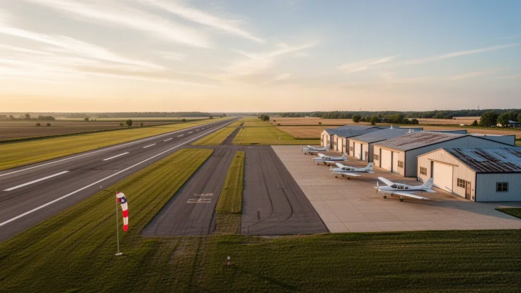 Small general aviation airfield with hangars and parked light aircraft beside the runway at Mettel Field in Connersville, Indiana