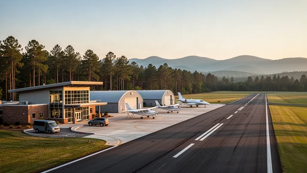 Aeronave de aviación general, hangares y una pequeña terminal moderna junto a la pista del Aeropuerto Regional de Oconee County, cerca de Clemson, Carolina del Sur