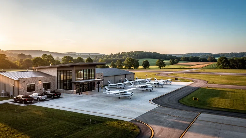 Modern general aviation terminal and hangars at Kyle-Oakley Field in Murray, Kentucky, at golden hour with parked light aircraft