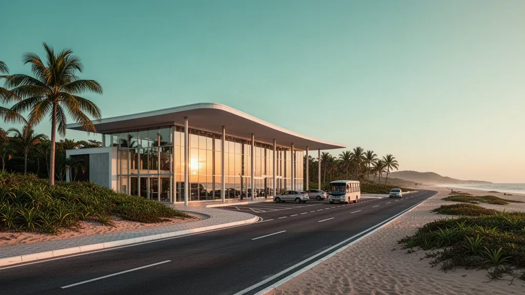 Exterior de terminal moderna de vidrio con dosel blanco curvo en el Aeropuerto Internacional de Cabo Frio en Brasil bajo una cálida luz de hora dorada