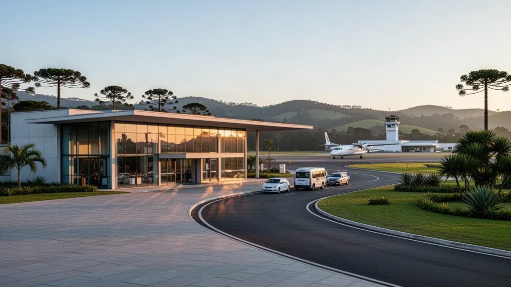 Exterior moderno de terminal de vidrio en el aeropuerto regional de Caçador, Santa Catarina, Brasil, con camino de acceso y colinas durante la hora dorada