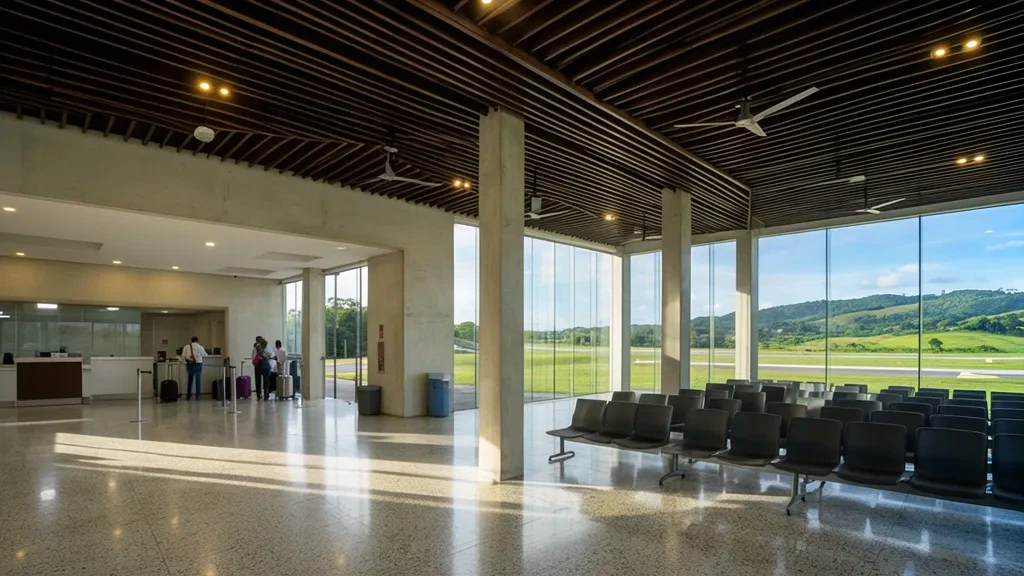 Interior de la terminal y sala de salidas del Aeropuerto Doctor Carlos Alberto da Costa Neves en Caçador, Brasil