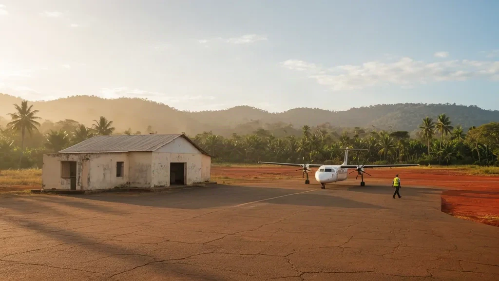 Petit terminal d'un seul étage et aire de stationnement avec un avion à turbopropulseur stationné à l'aéroport de Cafunfo dans la Lunda Norte, en Angola, sous une lumière chaude d'après-midi.