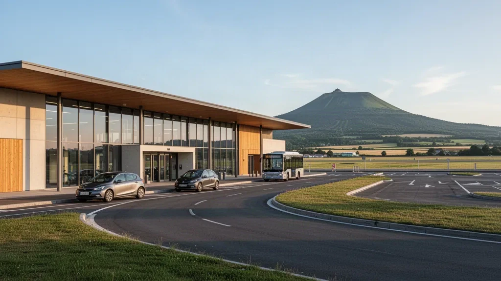 Gläsernes Passagierterminal und Vorfahrtsbereiche am Flughafen Clermont-Ferrand Auvergne mit den Vulkanhügeln der Chaîne des Puys im Hintergrund