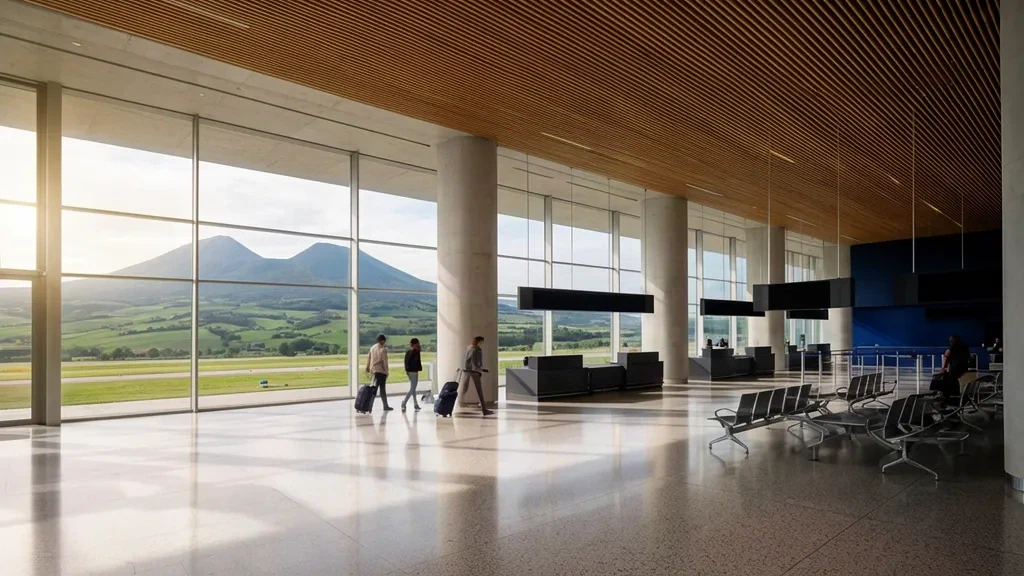 Reisende mit Gepäck im hellen, modernen Terminal des Flughafens Clermont-Ferrand Auvergne, grüne Vulkankegel jenseits der Glasfassade