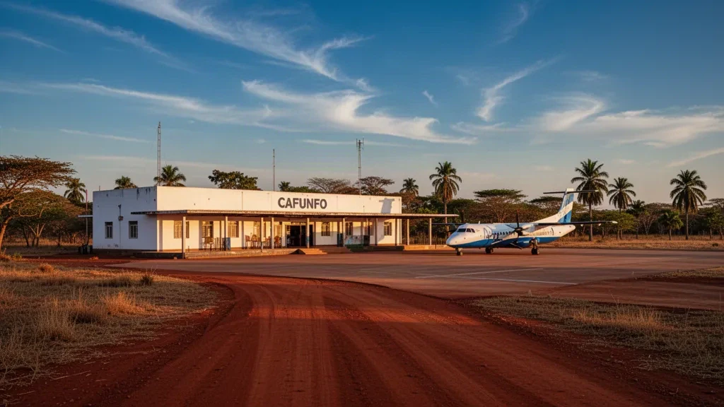 Lunda Norte, Angola'daki Cafunfo Havaalanı, altın saatlerde küçük bir terminal, apron, turboprop uçak ve tropikal çevre.
