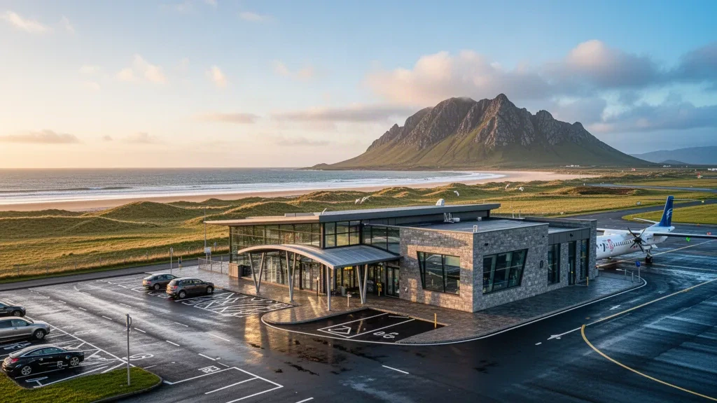 Modern regional airport terminal and coastal runway setting near Carrickfinn in County Donegal at golden hour, with mountain backdrop