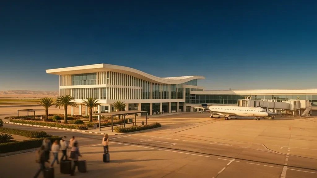 Modern white terminal building and apron at Chlef Aboubakr Belkaid International Airport in Algeria under a clear North African sky