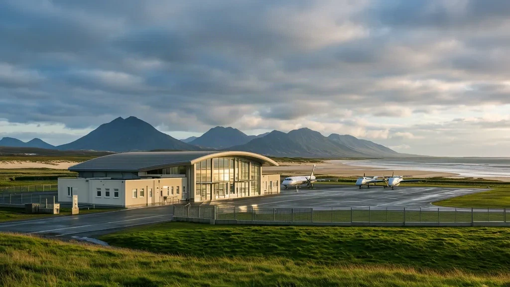 Kleines Regionalterminal am Flughafen Donegal CFN in Carrickfinn, County Donegal, mit dem Mount Errigal hinter dem Vorfeld
