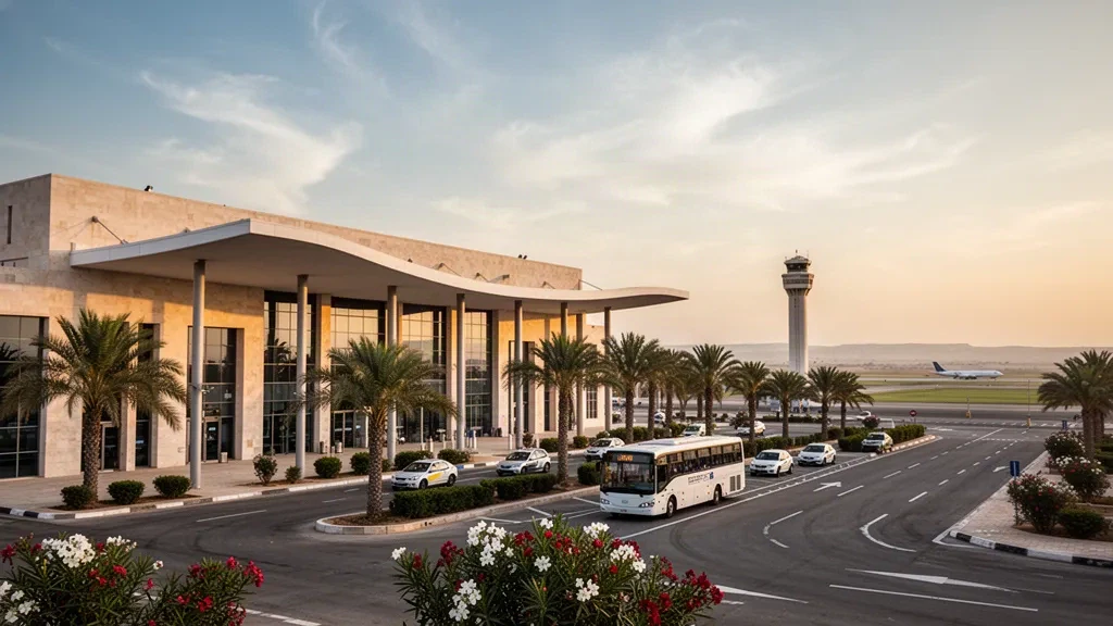 Terminal moderne en verre et voie de dépose bordée de palmiers à l'aéroport international de Chlef Aboubakr Belkaid en Algérie à l'heure dorée
