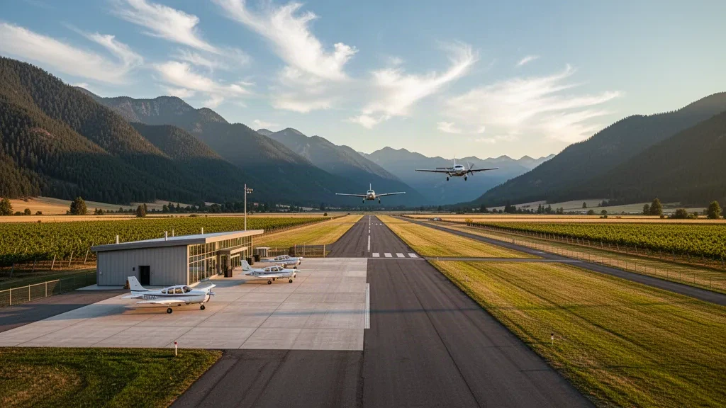 Golden-hour view of a small regional airport terminal and runway in the Creston Valley, framed by forested mountain ridges
