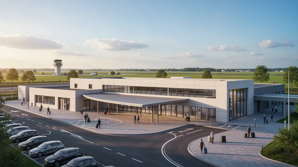 Exterior de la terminal moderna del aeropuerto de Caen-Carpiquet en Normandía, con fachada de cristal, carretera de acceso, coches aparcados y luz de hora dorada