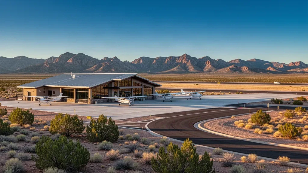 Small modern terminal, apron and runway at Greenlee County Airport in Arizona's high desert, framed by rugged mountain ridges at golden hour.